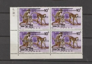 Congo-Zaïre**1977 MONKEYS-ERROR INVERTED OVERPRINTS 10k/10s-Corner Block 4stamps - Picture 1 of 1