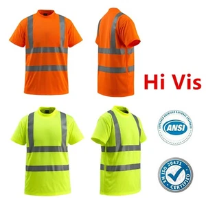 Hi Vis ANSI Class 2 Reflective Safety Work Short Sleeve T Shirts High Visibility - Picture 1 of 11