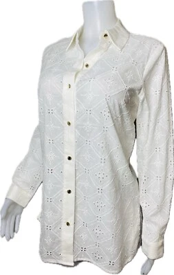 F. Anne Klein LinenTunic M White Blouse Long Sleeve Collared Button. NWT $119 - Image 1 of 4