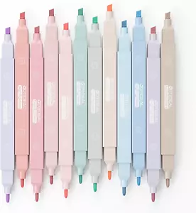 Aesthetic Cute Pastel Highlighters Set, Dual Tip 12 Pack, No Bleed - Picture 1 of 12