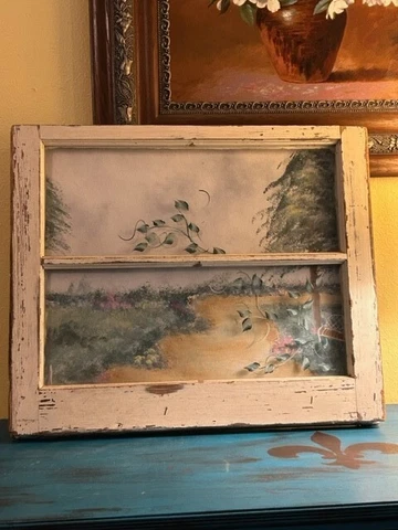 Vintage Wood Distressed Window Pane with Painting Attached Cover