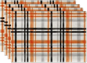 BLEMO Orange Black Buffalo Plaid Fall Placemats Set of 4,12X18 Inch for Kitchen - Picture 1 of 5