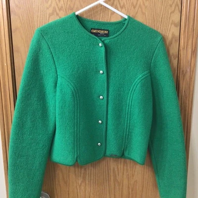 GEIGER Tyrol WomenS Pure Wool Cardigan Size 42 Austria KELLY GREEN VTG - Image 1 of 4