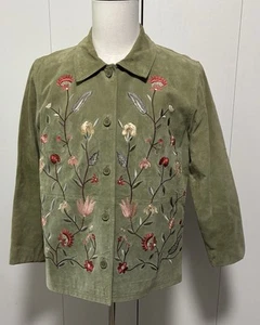 Dialogue Suede Leather Green jacket blazer coat women’s Embroidered Size L Large - Picture 1 of 7