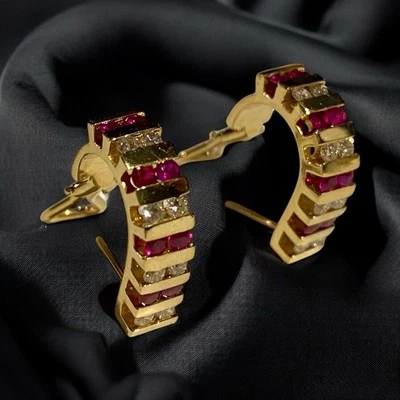 Beautiful 14k Yellow Gold Natural Diamond & Ruby Channel Set Earrings Omega Back - Image 1 of 4