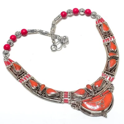 Rote Koralle Edelstein Halskette Tibetische Handarbeit Perlen Nepali Schmuck ... - Bild 1 von 4