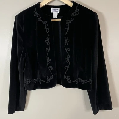 Vintage PERSONAL PETITES 10P Black Crop Velvet Jacket W Embroidered Details USA - Image 1 of 4