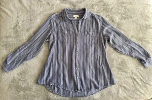 Camisa vintage America a rayas con botones azul blanco manga larga blusa L suave - Imagen 1 de 8