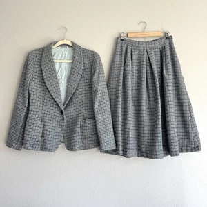 Conjunto Abrigo Falda Tweed Vintage Avgvstvs Mujer 14 Lana Cuadros Clásico Carrera Oficina - Imagen 1 de 13