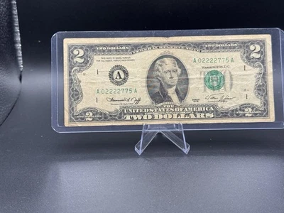 💵 1976 $2 Repeater Serial A02222775A • Fancy Number • Circulated Jefferson 💎 - Image 1 of 2