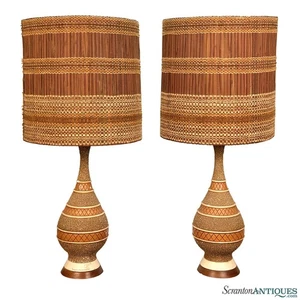 Mid-Century Boho Terracotta Chalkware Table Lamps w/ Maria Kipp Woven Shades - Picture 1 of 12