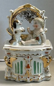 English Victorian Pottery Fairing Trinket Box girl With Dog (D) - Picture 1 of 9