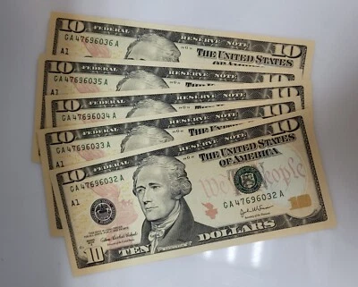 Lot of 5 $10 Ten Dollar Consecutive no. Series 2004 A Federal Reserve Notes - Image 1 of 3