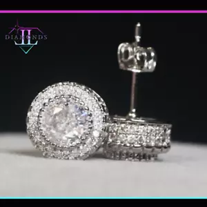 Mens Iced Out Ear Studs | Silver Diamond Ear Studs | Hip Hop Diamond Ear Studs - Picture 1 of 7