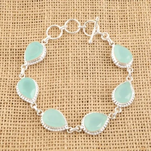 Aqua Chalcedony Gemstone 925 Sterling Silver Handmade Jewelry Bracelet Gift For - Picture 1 of 3