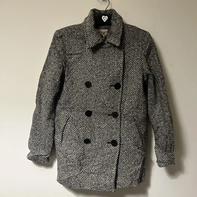LL Bean Wool Coat Womens 8 Black White Herringbone Button Up Pea Coat Thinsulate - Image 1 of 4