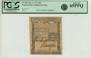 1772 Apr 3 18d Pennsylvania Colonial PA-155 PCGS Gem 65PPQ - Picture 1 of 2