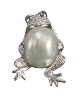 South Sea Pearl Cubic Zirconia Frog Unique Fashion Brooch Pin In 935 Silver - Picture 1 of 6