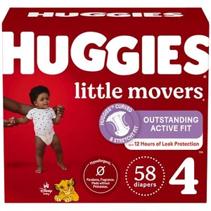 58 Count Huggies Size 4 Diapers, Little Movers Baby Diapers, Size 4 (22-37 lbs) - Picture 1 of 9