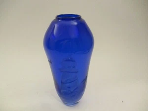 Cobalt Blue Art Glass 9" Hand Blown Carved Etched Intaglio Lighthouse Signed - Picture 1 of 7