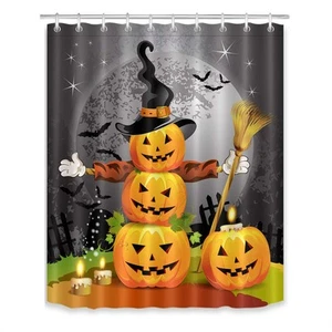 Halloween Pumpkins Shower Curtain Set Magic Hat Ghost Broom Bathroom Curtain ... - Picture 1 of 7