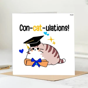 Funny Cat Graduation Card - "Con-Cat-ulations" Pun Card - Cute Kitty Graduate - Picture 1 of 2