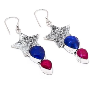 Blue Simulated, Red Jade 925 Sterling Silver Jewelry Earring 2.56 " - Picture 1 of 5