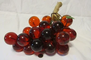 Vintage MCM Dk. Red/Orange Lucite Grape Cluster @25 grapes w/leaves & wood stem - Picture 1 of 8