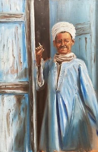 MARAVILLOSA PINTURA AL ÓLEO VINTAGE DE LA ESCUELA ÁRABE DE UN ANCIANO CABALLERO FUMANDO - Imagen 1 de 8