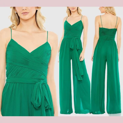 Novo com etiquetas IEENA Mac Duggal [XS] 2651 Macacão sem mangas franzido gravata esmeralda #J593 - Imagem 1 de 4