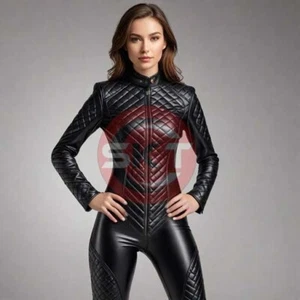 Womens Real Leather Black Catsuit Front Zipper Tight Fit Sexy Jumpsuit Kink Lady - Picture 1 of 3