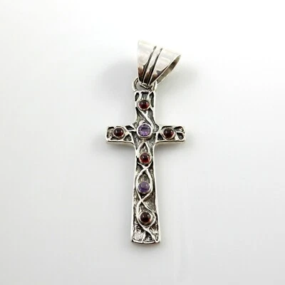 Colgante Cruz Granate Amatista Plata de Ley Hecho a Mano Único Foto 1 de 4