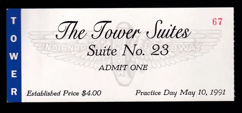 1991 Indy 500 Tower Suites Practice Day Ticket Stub Indianapolis RICK MEARS WINS Cover