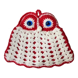 TEA COSY Medium Size Hand Crochet Wool Red White OWL Design 6-8 Cup 28W x 20cm H - Bild 1 von 12