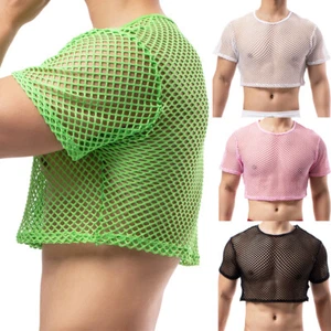 Herren Netz Netz Transparent Crop Tops Kurzarm T-Shirt Aushöhlen Sport Tee - Bild 1 von 46