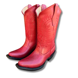 Women's Leather Red Western Cowgirl Boots with Leather Sole (Great for Dancing) - Picture 1 of 22