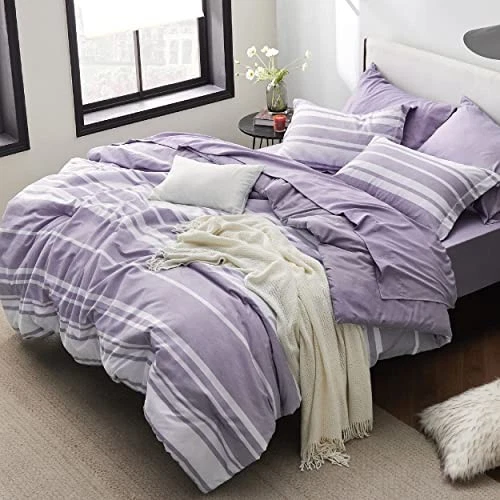  Conjunto de edredom queen size 7 peças, conjunto de cama listrado roxo para cama queen size  - Imagem 1 de 4