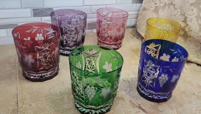 VINTAGE NACHTMANN CUT TO CLEAR MULTICOLOR CRYSTAL OLD FASHIONED GLASSES