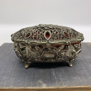 Vintage Japan Silver Tone Ornate Oval Trinket Jewelry Box Floral Design - Picture 1 of 8