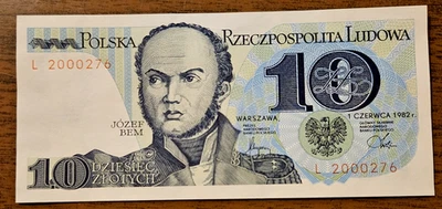 1982 Poland 10 ZLOTYCH P-148a  "Jozef Bem" UNC Polish World Currency  NOTE BILL - Image 1 of 2