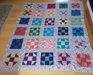 Hand Stitched Unfinished Quilt Top Patchwork Medium Square Pattern 78” By 92” - Picture 1 of 6
