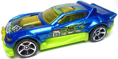2017 HOT WHEELS RALLY CAT #15 BLUE 1:64 DIECAST 2 7/8" RACE CAR W GREEN & YELLOW - Image 1 of 4