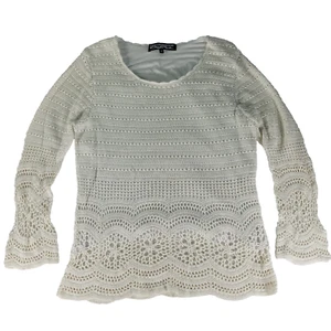 Sweater Womens Sz M Crochet Open Knit Scallop Hem Lined Hippie Boho Beige EUC - Picture 1 of 11