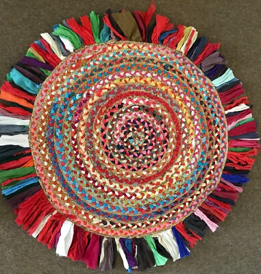 INDIAN RUG 98cm round - hand woven, braided - Jute Recycled Cotton lovely design - Image 1 of 4