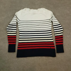 Nautica Sweater Womens Medium White Blue Stripes Crew Neck Pullover Long Sleeve - Picture 1 of 7