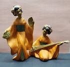 Ceramic Geisha Girl Statues Vtg Set Of 2 One Dancing One Playing Instrument READ