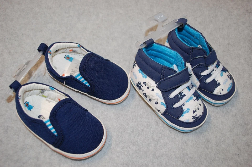 Baby Boys 2 PAIR LOT CRIB SHOES Navy Blue CARS HELICOPTER Canvas Loafers 0-3 MO - Image 1 of 1
