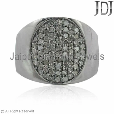 925 Sterling Silver Natural Pave Diamond Unisex Jewelry Handmade Signet Ring - Image 1 of 4