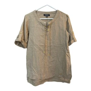 100% Linen Roll Tab Blouse Shirt Tunic Tan Size PS Ellen Tracy Dark Beige/Brown - Picture 1 of 10