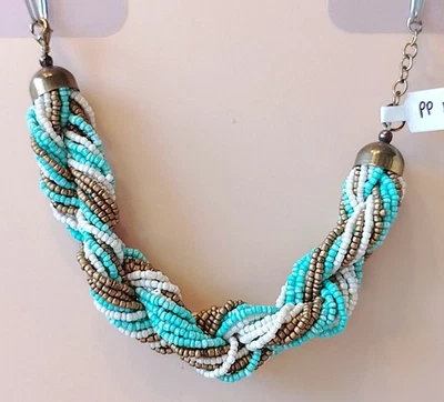 PP 17-chunky multi-row pearly white/aqua/matt gold glass beads twisty bracelet - Image 1 of 4